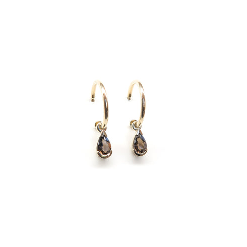 Partial Bezel Set Teardrop Smokey Quartz Charm Sleepers in Yellow Gold